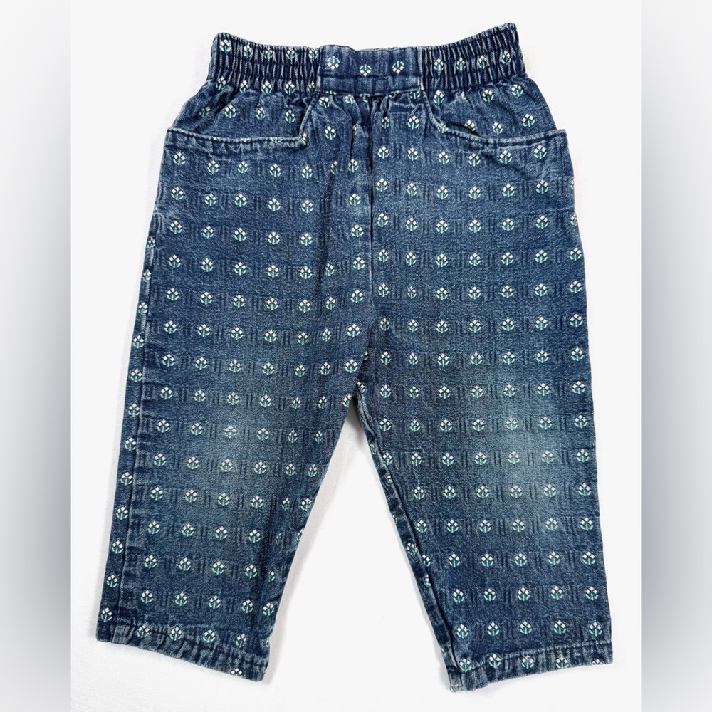 VINTAGE OSHKOSH Baby Denim Pull On Pants Size 12 Months Floral Casual Classic